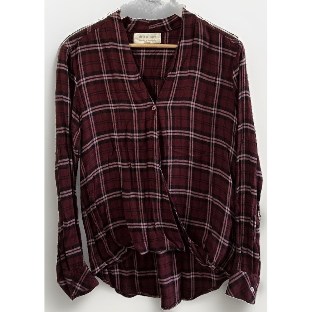 Women's Anthropologie Cloth & Stone L/S Top Plaid Wrap Style Hi Low Med